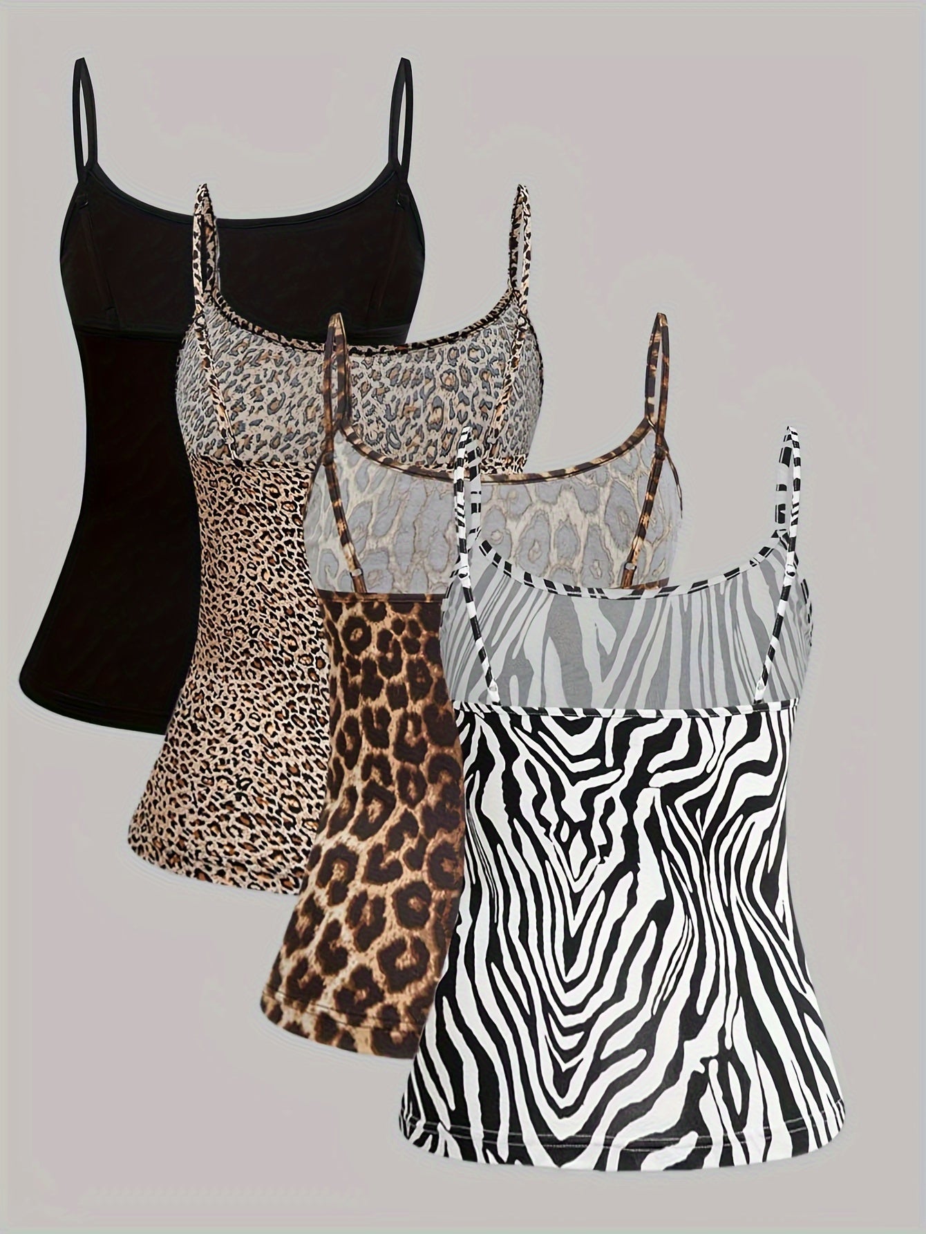 Francenie - 4pcs Spaghetti Strap Top with Leopard and Zebra Stripe Print for Women