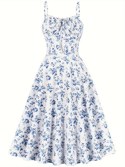 Maya - Vintage Elegant Sleeveless Dress with Floral Print and Tie Front for Women