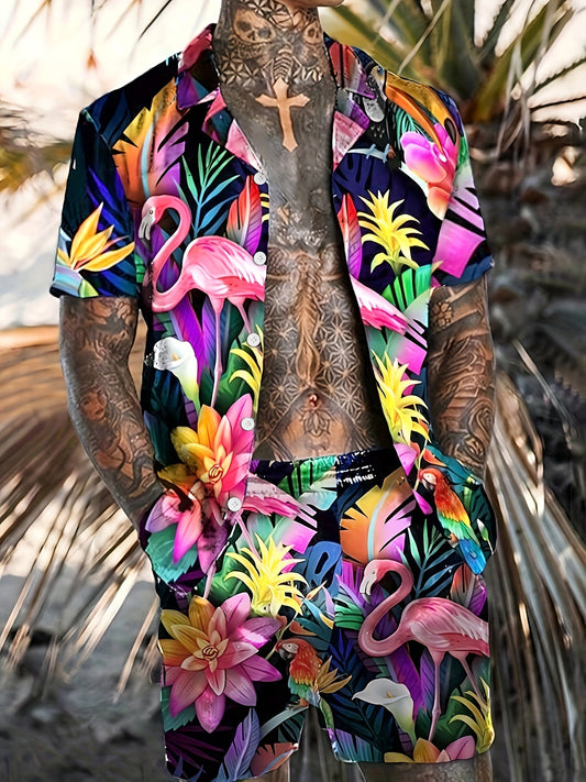 Jacob – Floral & Flamingo Print Hawaiian Shirt and Shorts Set