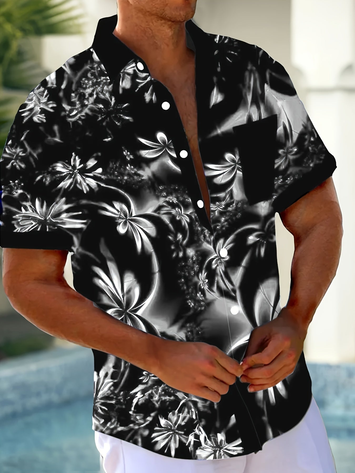 Andrew - Button-up Shirt with Hawaiian Fluorescent Gradient Art 3D Floral Print for Men