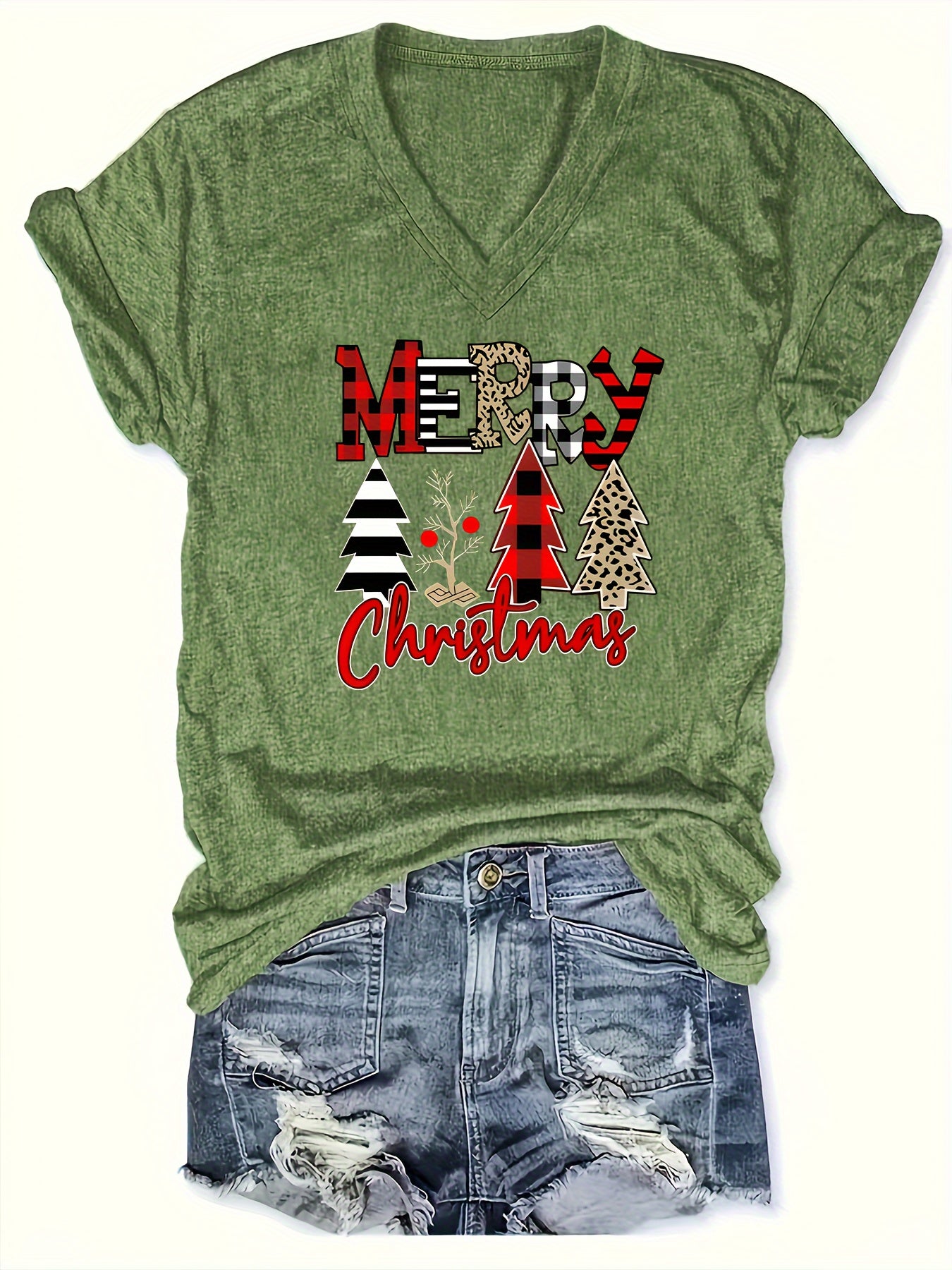 Helena - Casual Short Sleeve T-Shirt with Christmas Print and V Neck for Women