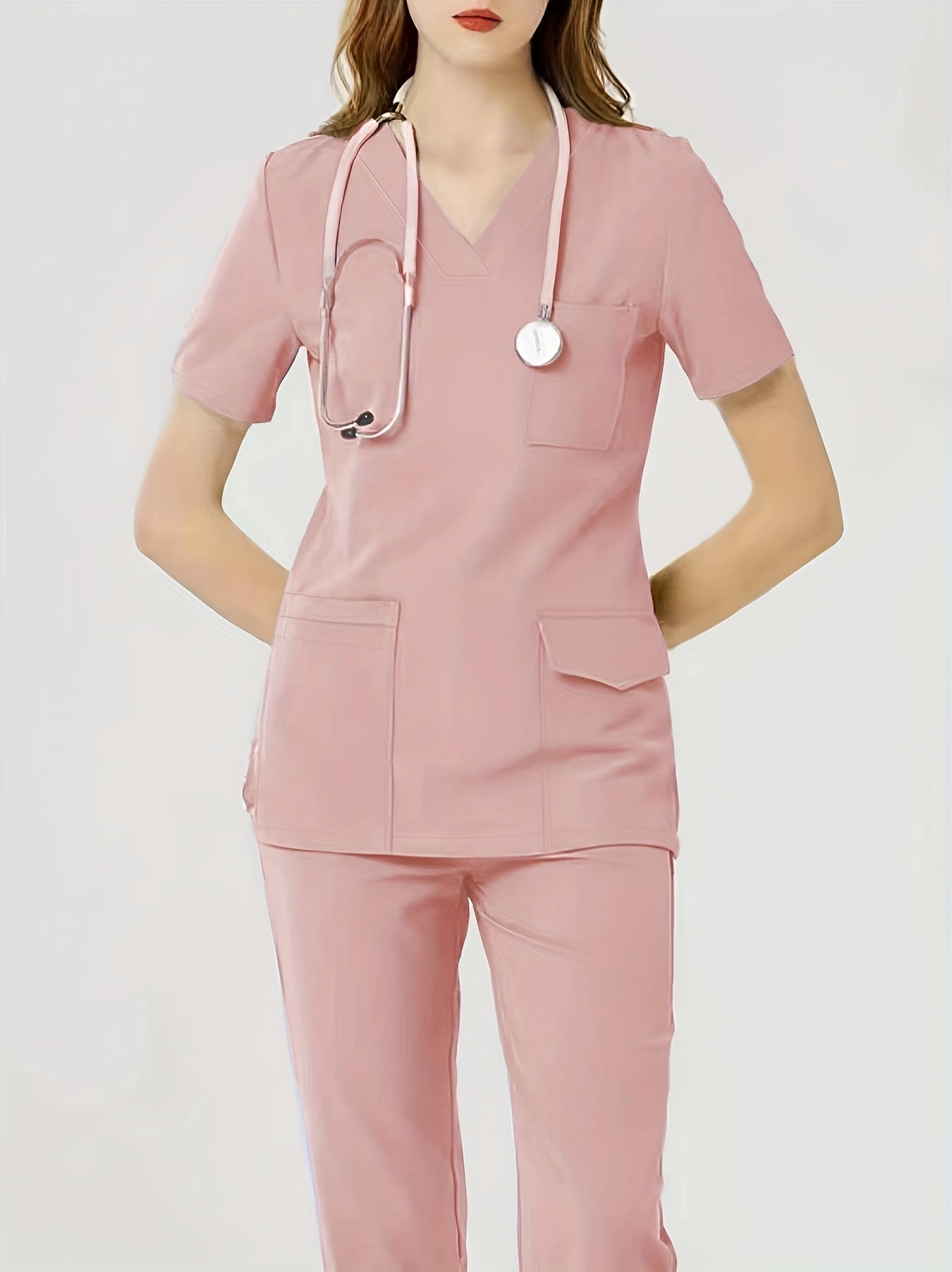 Grace - Health Care Uniform Set with Pockets V-neck Top and Matching Pants for Women