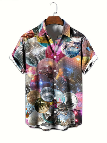 Brandon - Casual Button-Down Shirt with 3D Disco Ball Print for Men