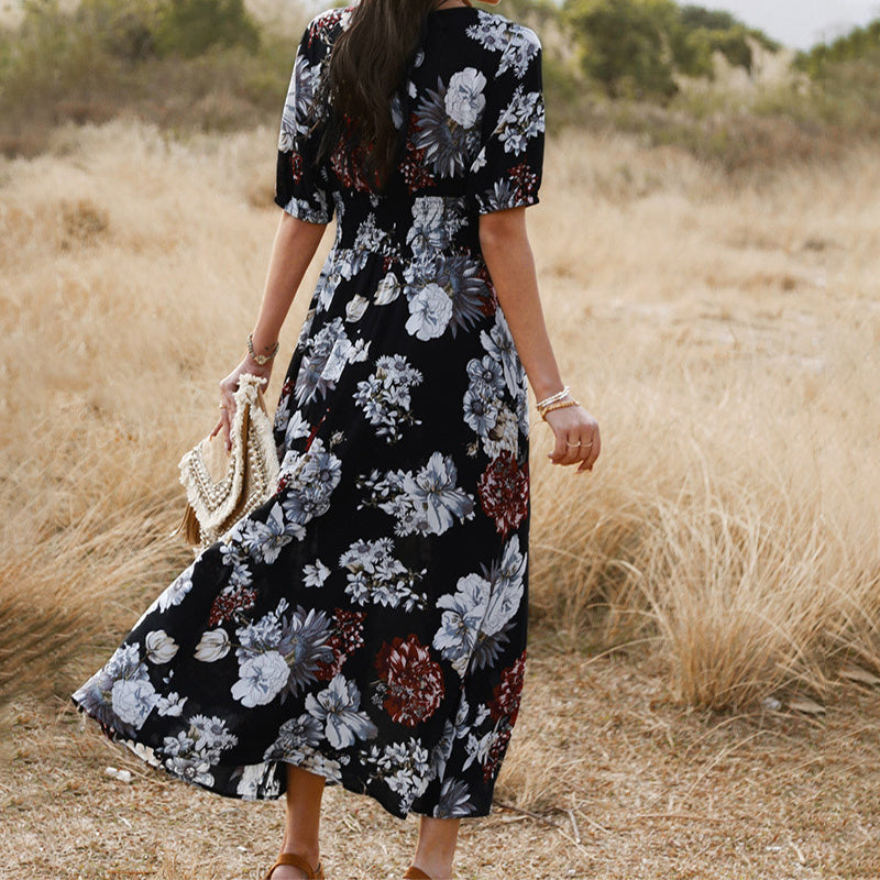 Katie – Floral Summer Beach Dress with V-Neck and Elastic Waist