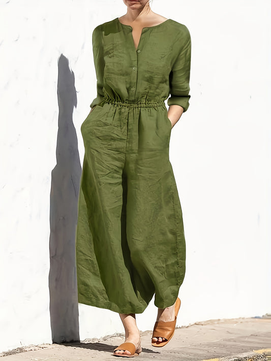 Tanya – Women's Linen Jumpsuit with Cardigan Collar