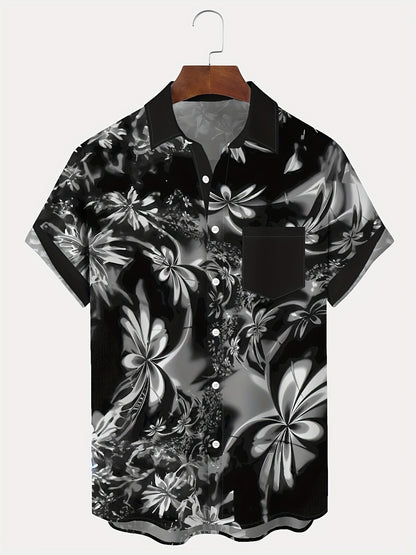 Andrew - Button-up Shirt with Hawaiian Fluorescent Gradient Art 3D Floral Print for Men