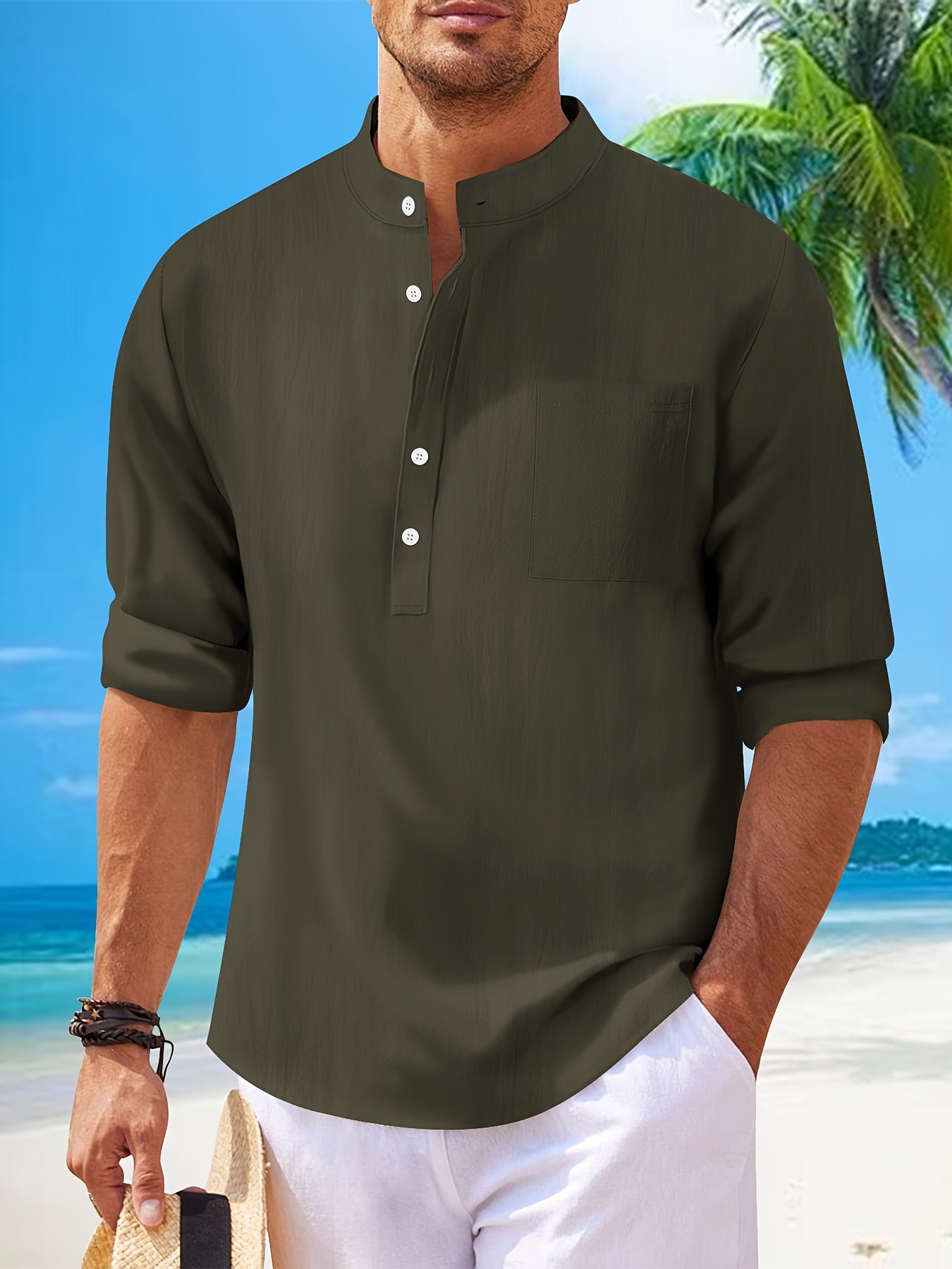 Mason - Henley Shirt with Cotton Linen Blend and Long Sleeve for Men