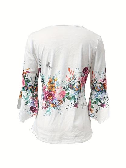 Emily - Elegant Blouse with Floral Print and Notched Neck for Women