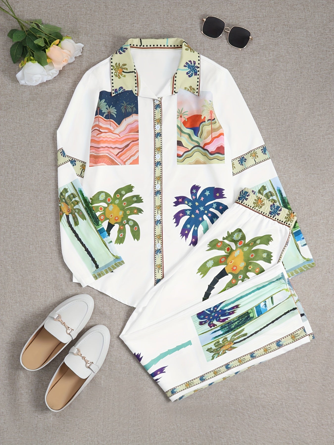 Julia - Vacation Palm Tree Print Shirt & Pants Set