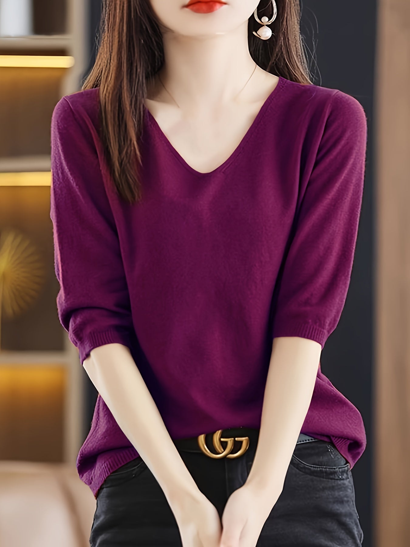 Juniper - Versatile Half Sleeve Knitted Top with V-neck for Women