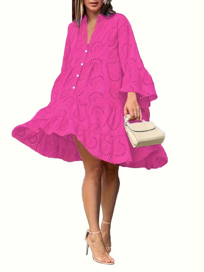 Jasmine  - Hollow Ruffle Hem Dress with V Neck and Flared Sleeve for Women