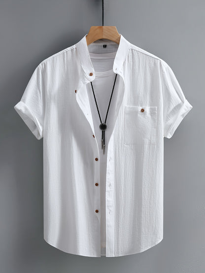 Harry - Mandarin Collar Short Sleeve Shirts with Button Up Shirt and Chest Pocket for Men