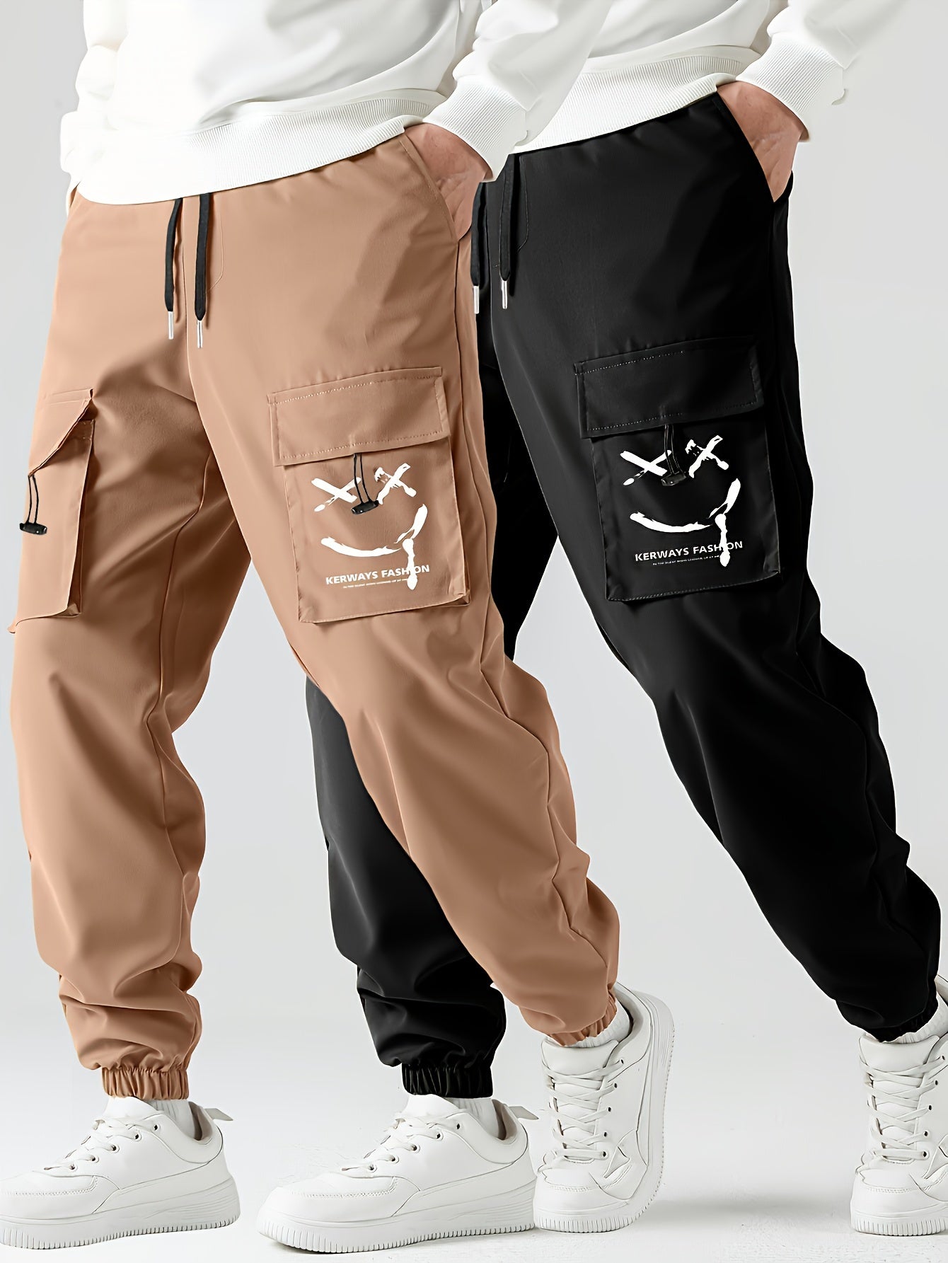 Glenn - 2pcs Stylish Cargo Pants with Smiling Face Print and Multi-Pockets for Men