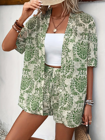 Olivia - Vacation Damask Print Outfit Set with Open Front Short Sleeve Blouse & Drawstring Waist Shorts for Women