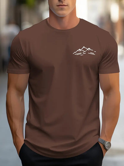 Nate - Round Neck Short Sleeve T-Shirt with Mountain Print for Men