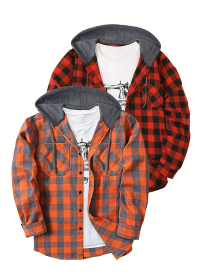 Harper - 2pcs Set Plaid Pattern Hooded Jacket  with Long Sleeve Button Up and Pockets for Men