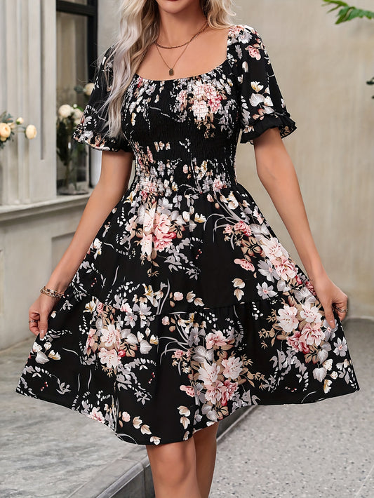 Elise - Floral Print Shirred Dress with Puff Sleeve for Women