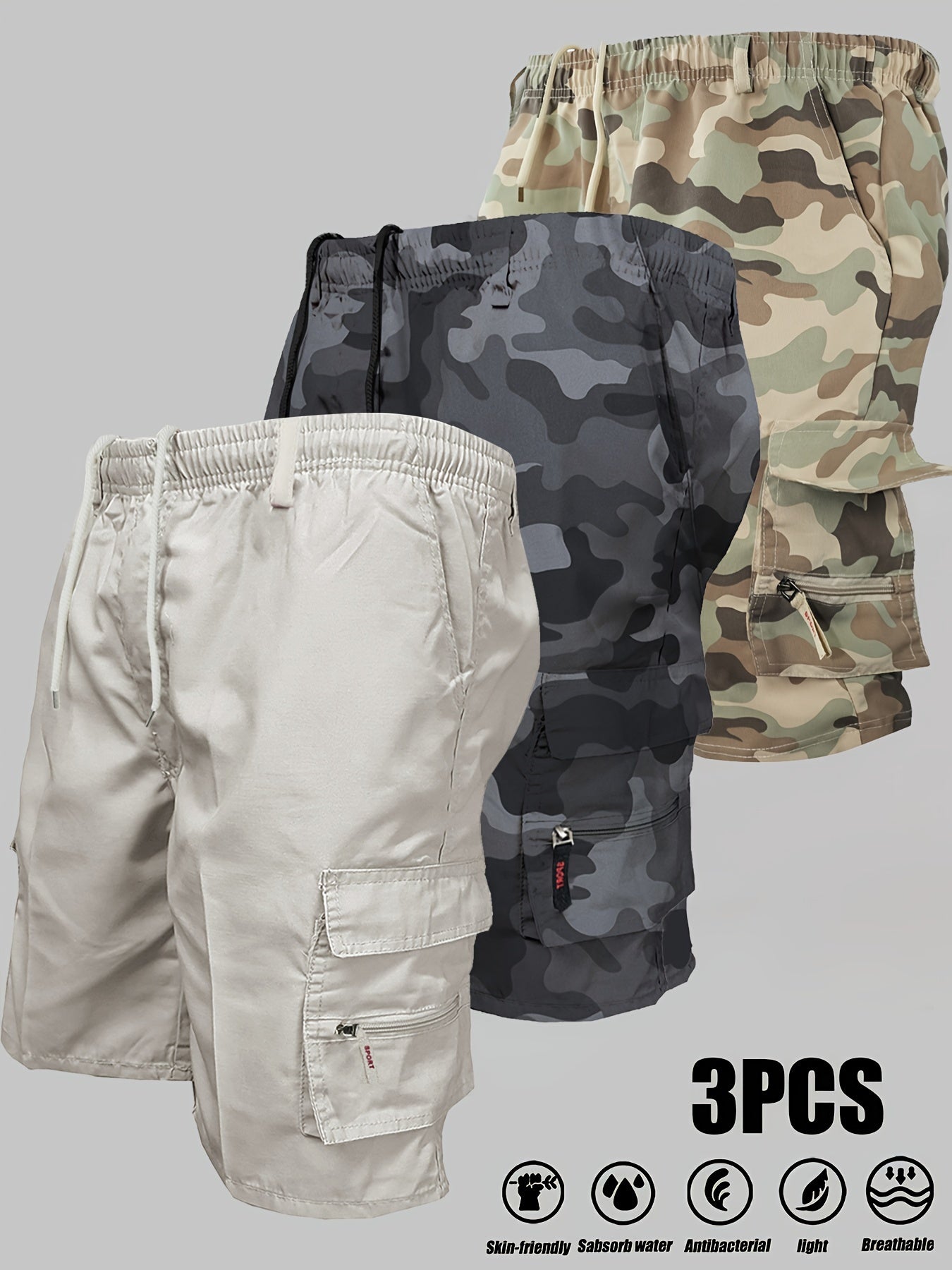 Edward - 3pcs Casual Cargo Shorts with Side Pockets and Loose Fit for Men