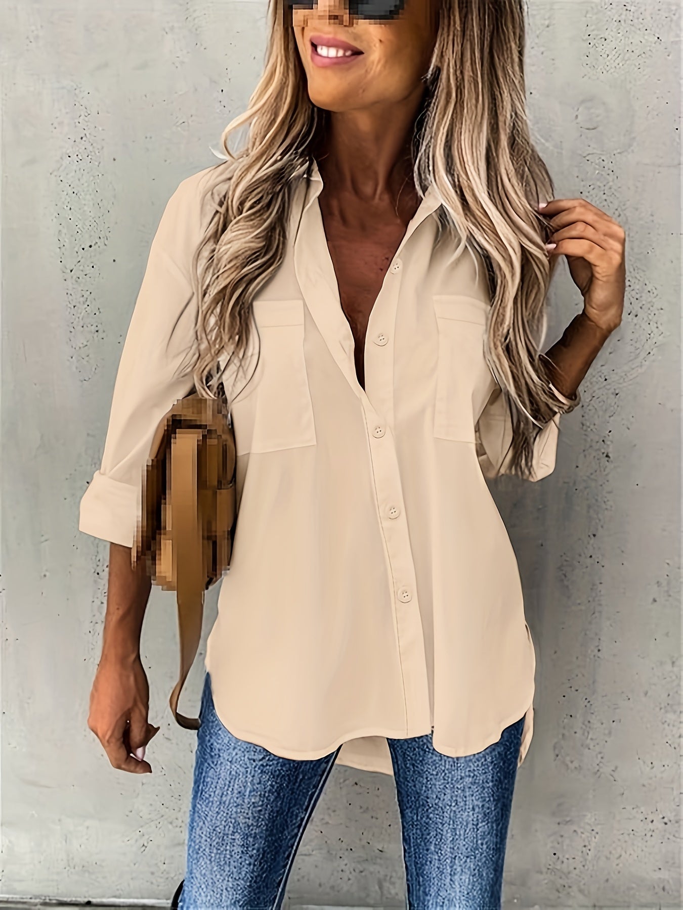 Daniela - Button Front Shirt with Dual Pockets and Long Sleeve for Women