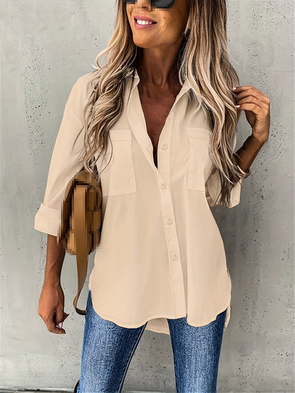 Daniela - Button Front Shirt with Dual Pockets and Long Sleeve for Women