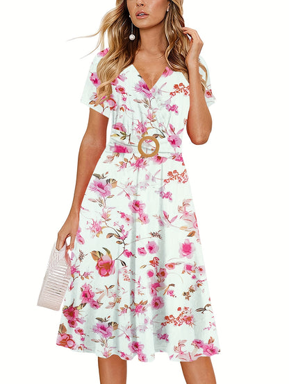 Brianna - Elegant Summer Dress with Floral Print and Ring Linked A-Line for Women