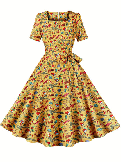 Freya - Vintage A Line Dress with Christmas Santa Print and Squared Neck for Women