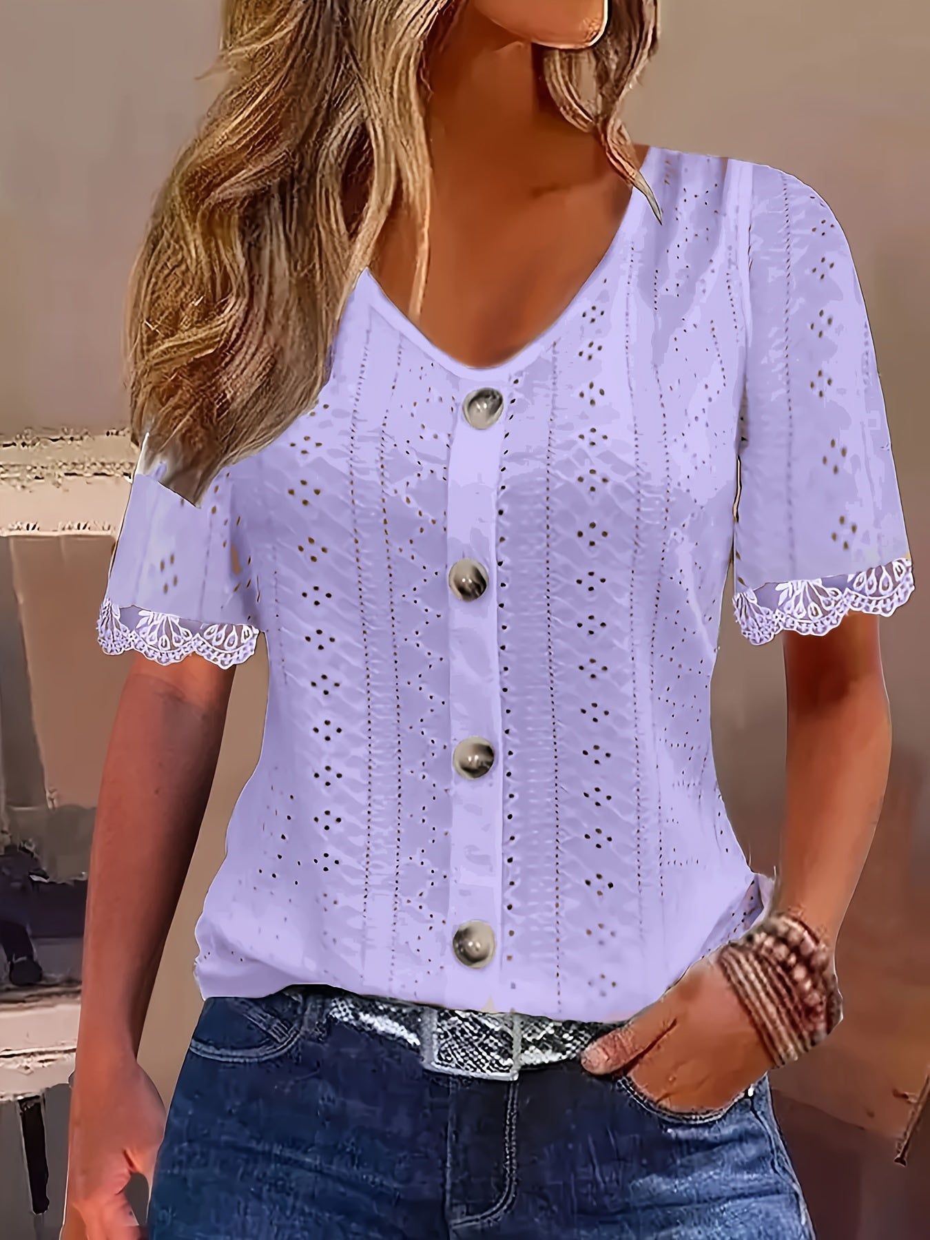 Rowena - Casual Blouse with Lace Trim and Button Decor Eyelet for Women