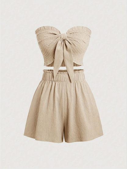 Calliope - Chic Outfit Set with Textured Backless Shirred Crop Knot Front Strapless Top and Paper Bag Waist Tucked Shorts for Women