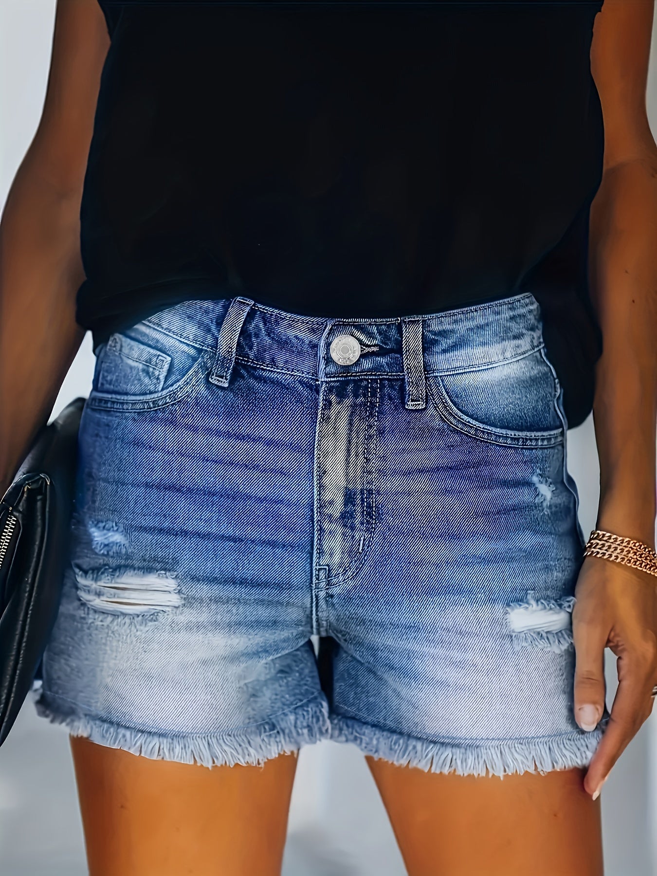 Dorothee - Washed Denim Shorts with Raw Hem and Ripped Holes Slash Pockets for Women