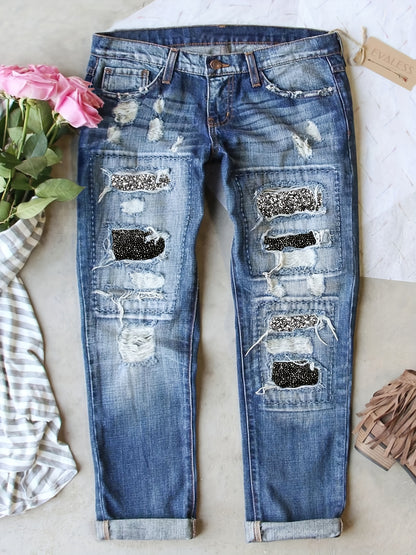 Natalie – High Waist Distressed Denim Jeans with Star Print