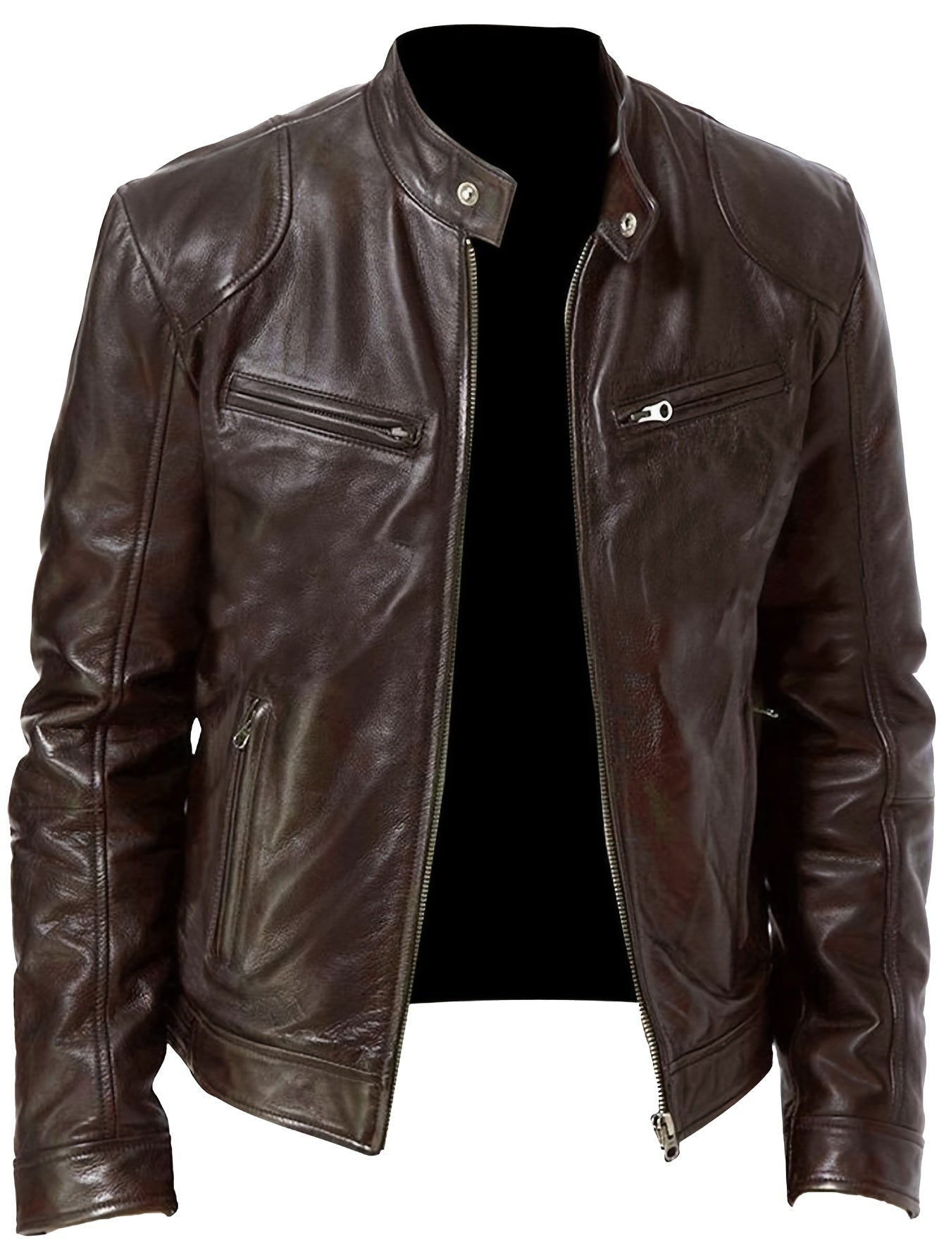 Samuel - Leather Jacket with Zipper and Small Stand Collar for Men