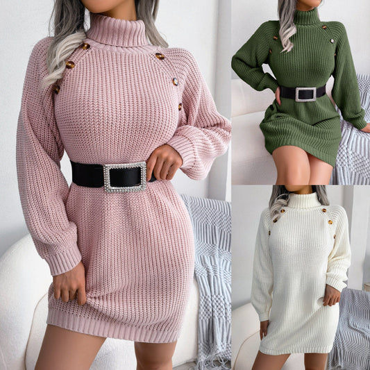 Tamara – Women's Turtleneck Sweater Dress with Button Design