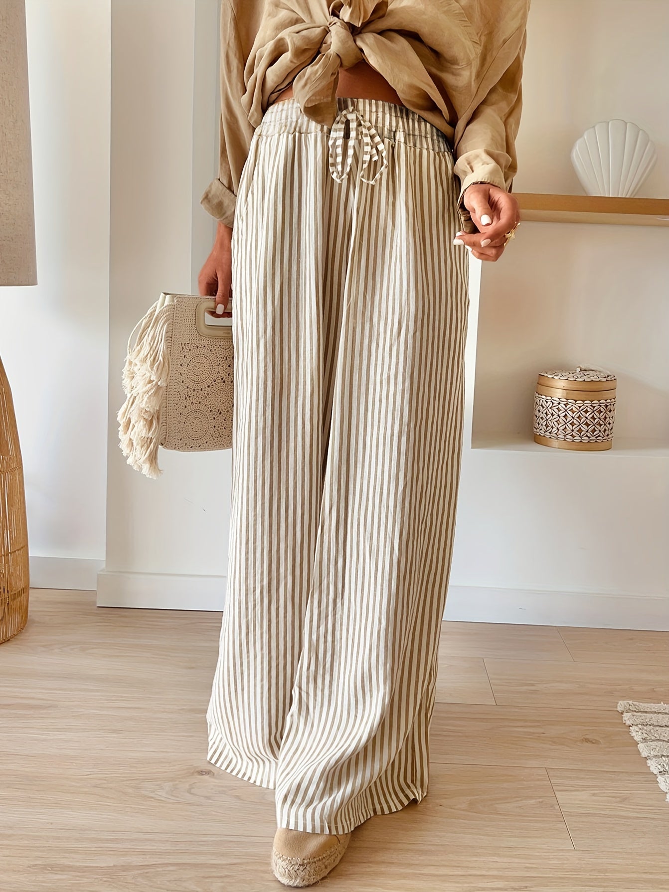 Madison - Casual Wide Leg Loose Pants with Striped Print and Elastic Waist for Women