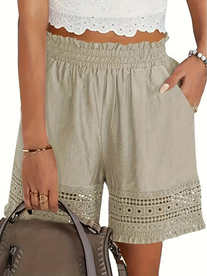 Matilda - Lace Trim Shorts with Elastic Waist and Slant Pocket for Women