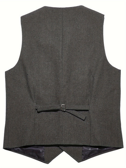 Liam - Vintage Sleeveless Vest with Herringbone Wool Blend and Button-Up for Men