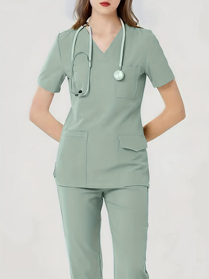 Grace - Health Care Uniform Set with Pockets V-neck Top and Matching Pants for Women