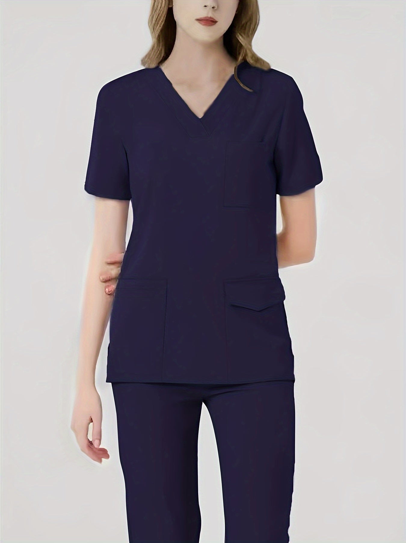 Grace - Health Care Uniform Set with Pockets V-neck Top and Matching Pants for Women