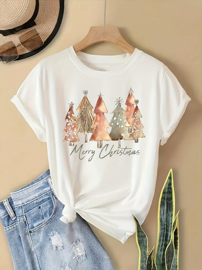 Sarah - Festive Christmas Tree Print Crew Neck T-Shirt