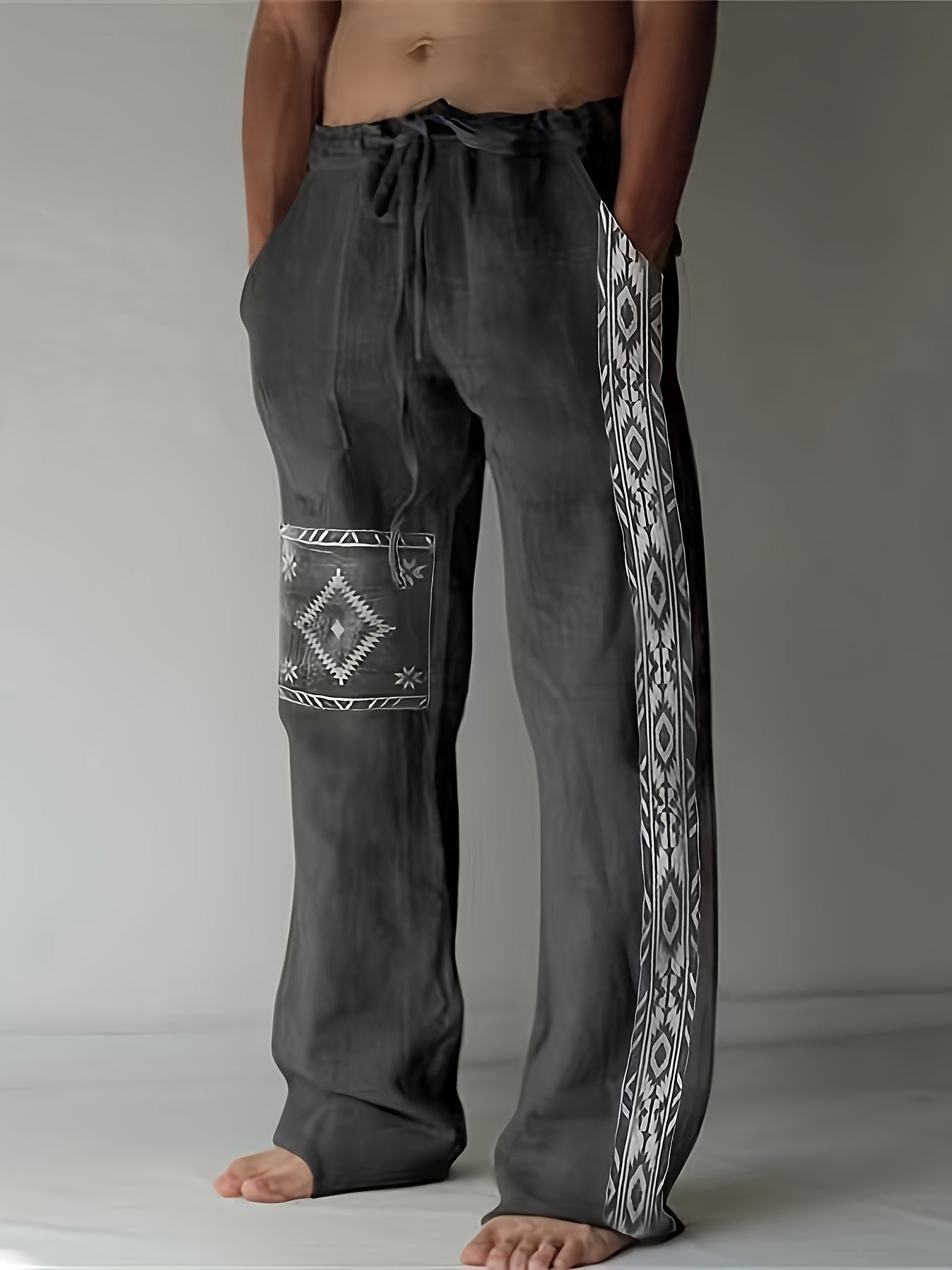 Jose - Stylish Loose Cotton Blend Pants with Geometric Pattern and Pockets for Men