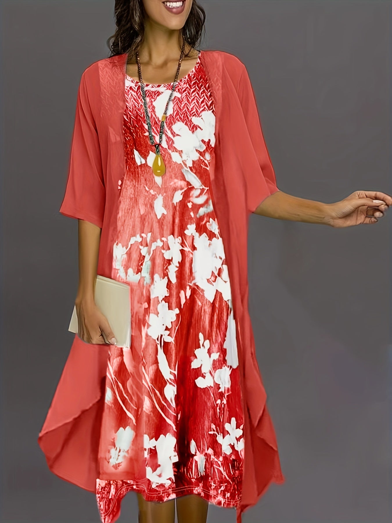 Victoria - Elegant Outfit Set with Open Front Cardigan and Floral Print Tank Dress for Women