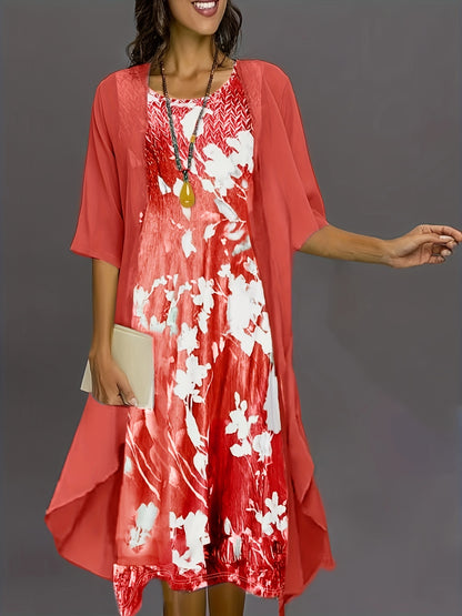 Victoria - Elegant Outfit Set with Open Front Cardigan and Floral Print Tank Dress for Women