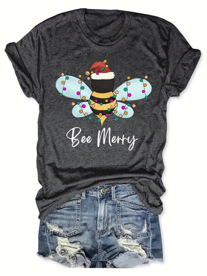 Grace - Short Sleeve T-shirt with Christmas Bee and Letter Print for Women