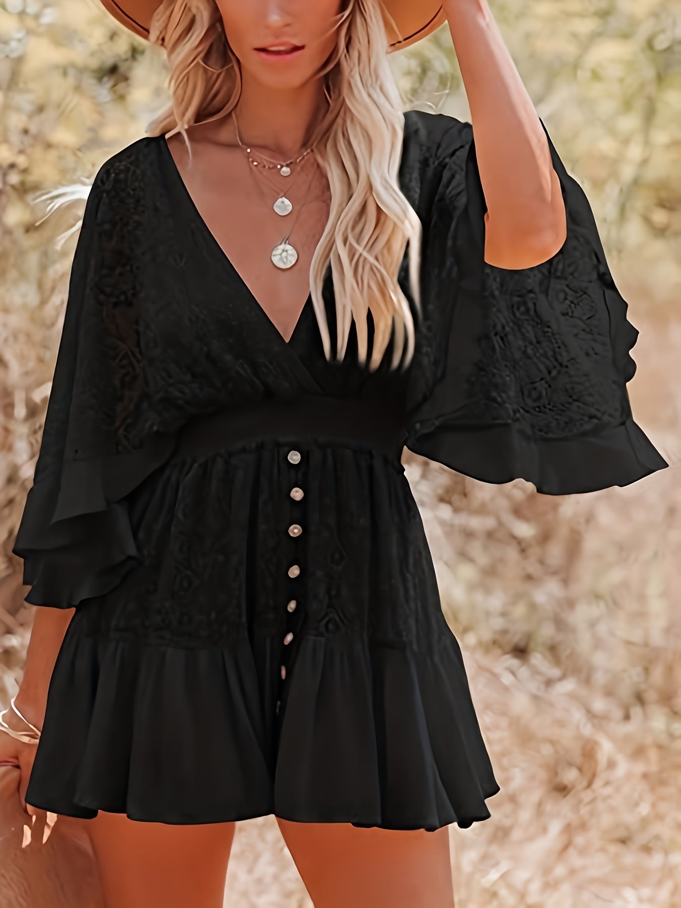 Thelma - Elegant Mini Dress with Lace Splicing and Batwing Sleeve for Women