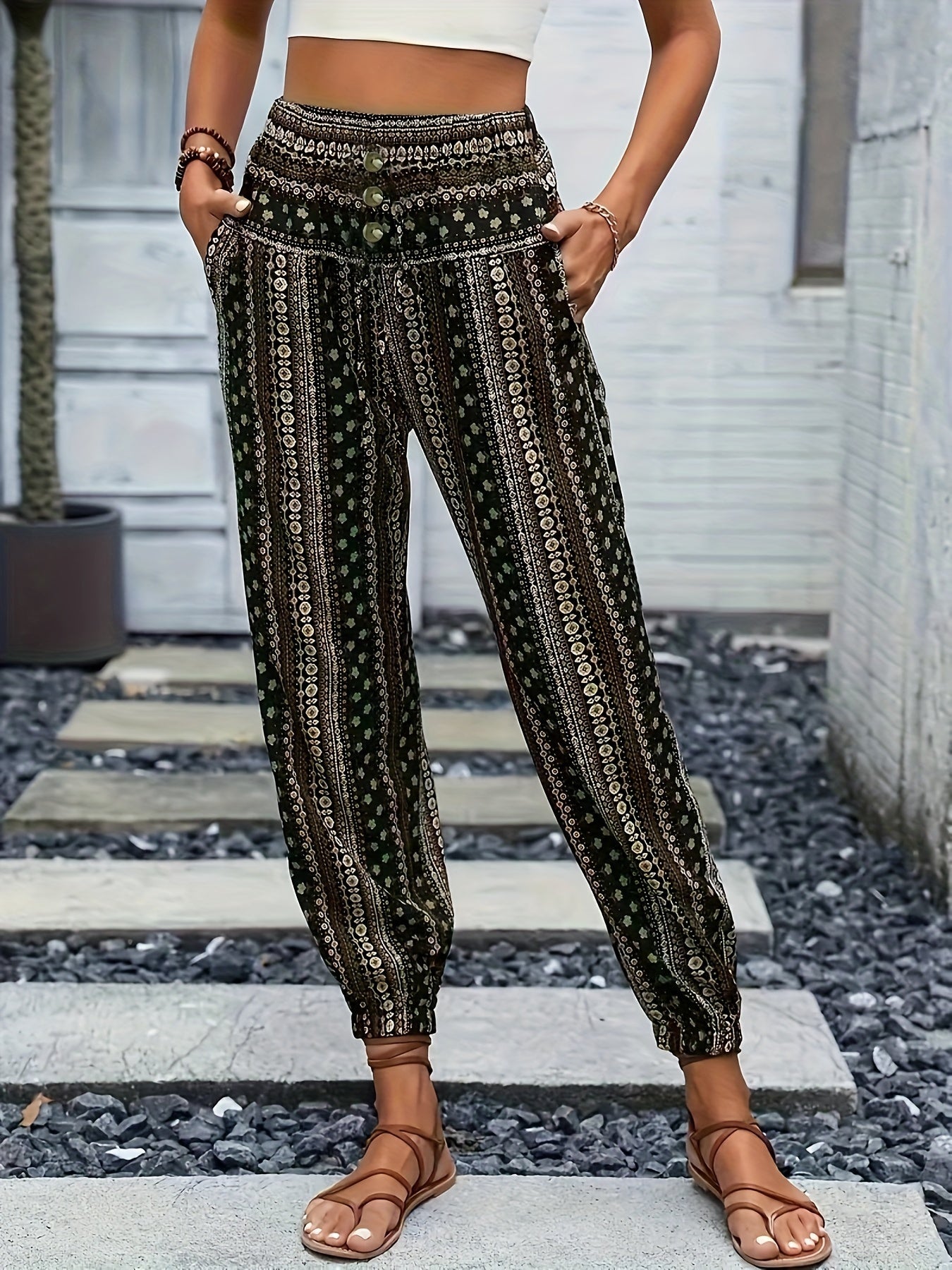 Sophia - High Waist Boho Pants with Tribal Print and Jogger Button Decor for Women