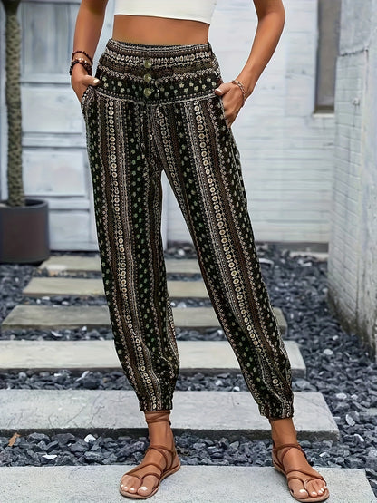 Sophia - High Waist Boho Pants with Tribal Print and Jogger Button Decor for Women