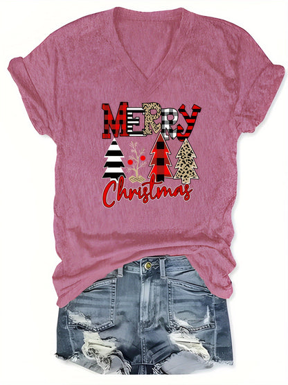 Helena - Casual Short Sleeve T-Shirt with Christmas Print and V Neck for Women