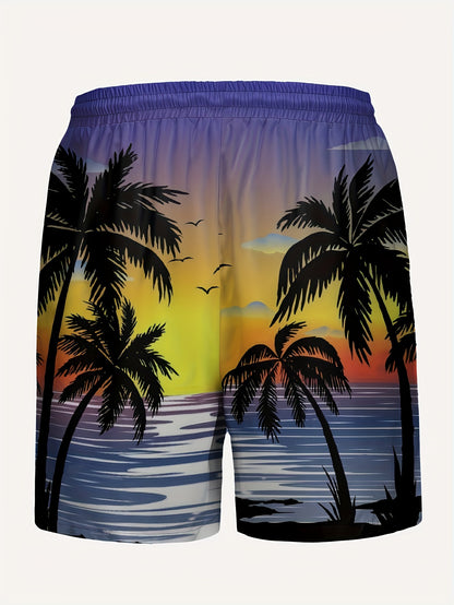 Owen - 3pcs Hawaiian Shorts with Drawstring and Fancy Palm Tree Prints for Men