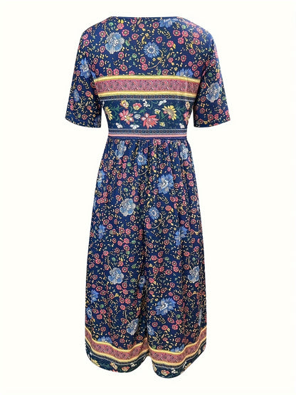 Seraphina - Floral Print Dress with Crew Neck and Pocket Design for Women