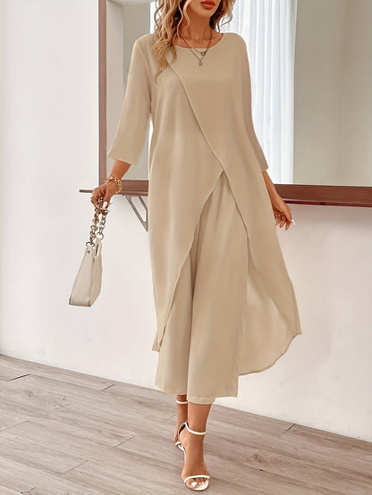 Edith - Elegant Outfit Set with Long Sleeve Longline Split Hem Chiffom Top and  Wide Leg Cropped Pants for Women