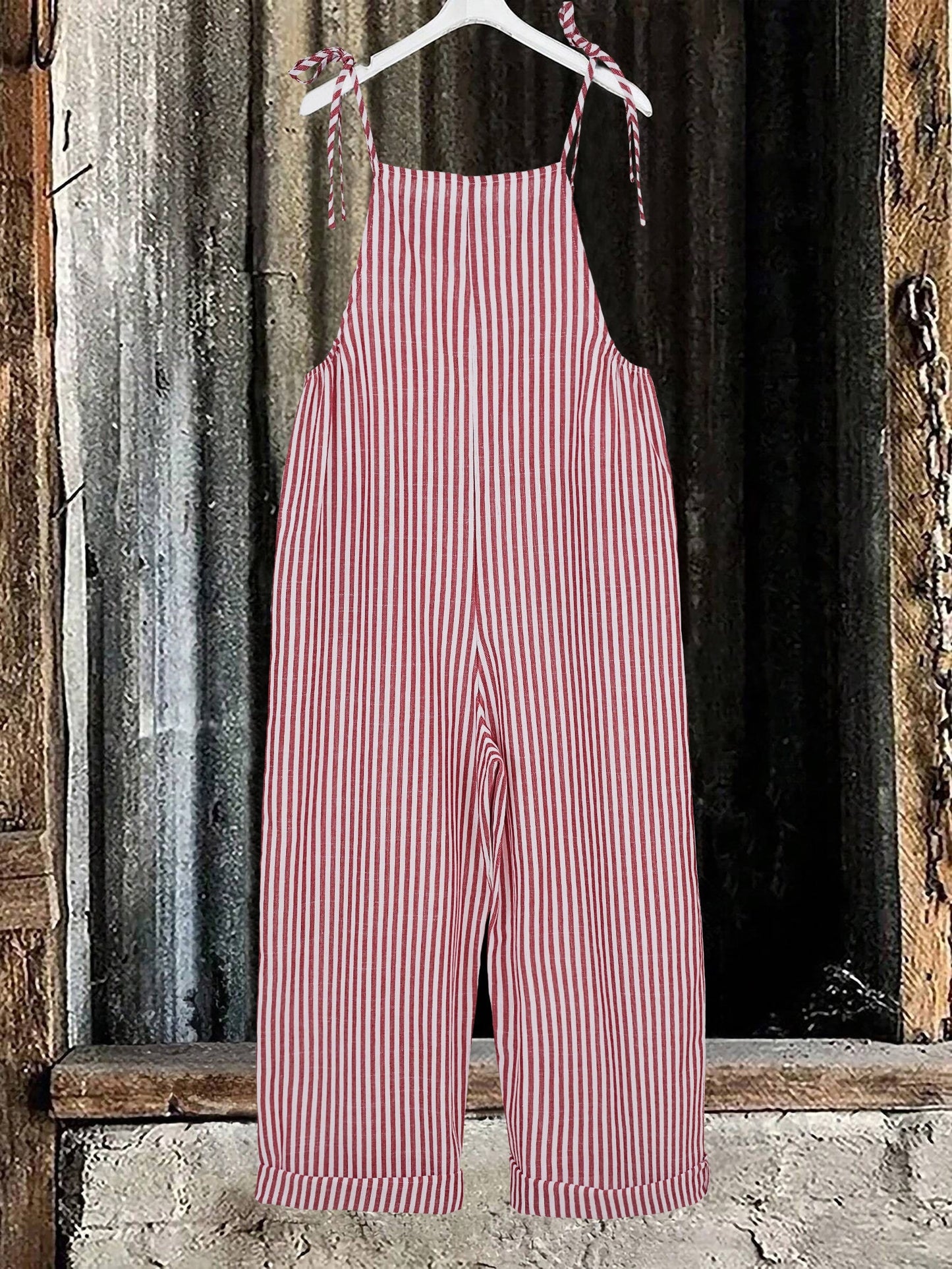 Linda – Striped Sleeveless Overalls with Tie Shoulders